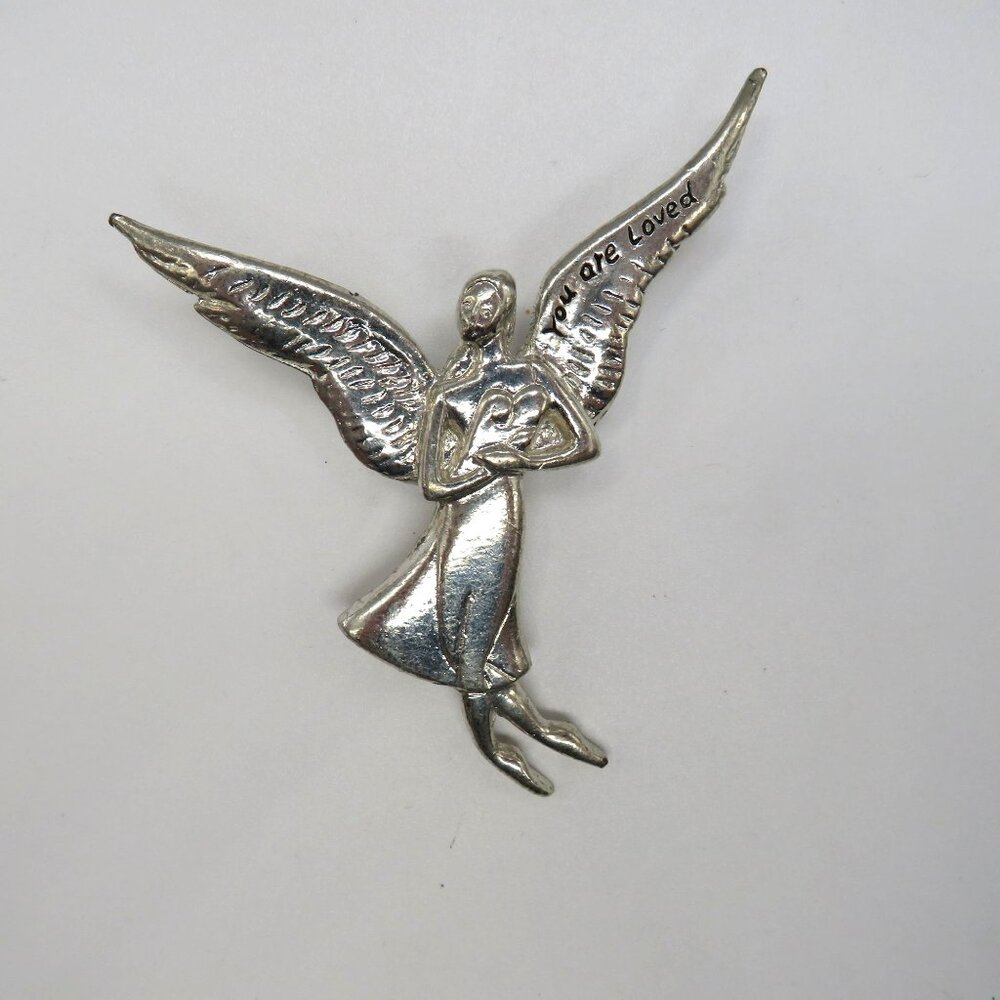 Angel Brooch‎ You Are Loved 2.5" Silver Tone Pin Guardian Heavenly Religious